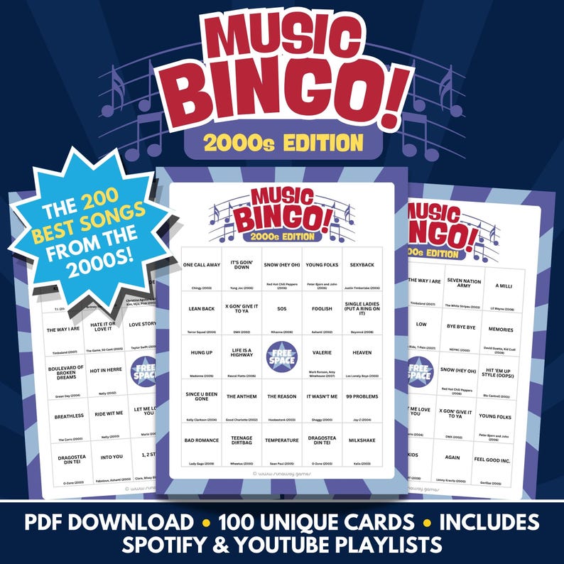 Music Bingo - 2000s Edition - PDF Download - 100 Unique Cards - Includes Spotify & Youtube Playlists
