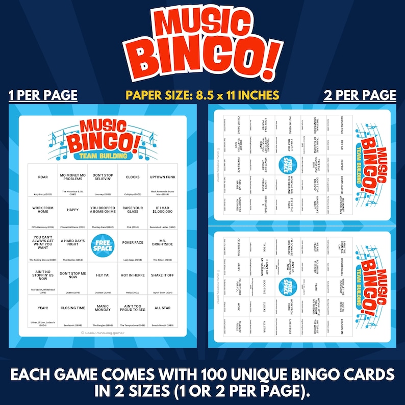 Each Game Comes With 100 Unique Bingo Cards in 2 Sizes (1 or 2 per Page).
