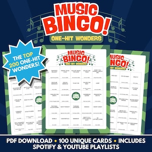 Music Bingo - One-Hit Wonders Edition - PDF Download - 100 Unique Cards - Includes Spotify & Youtube Playlists