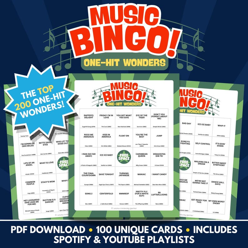 Music Bingo - One-Hit Wonders Edition - PDF Download - 100 Unique Cards - Includes Spotify & Youtube Playlists