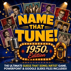 以下が含まれることがあります： Name That Tune! 1950s Editionというタイトルのデジタルゲーム画像。ヴィンテージマイク、ミニチュアジュークボックス、1950年代のミュージシャンの写真が複数飾られており、背景は青色でスポットライトと音符が描かれています。