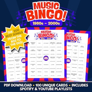 Music Bingo - 1980s-2000s Edition - PDF Download - 100 Unique Cards - Includes Spotify & Youtube Playlists