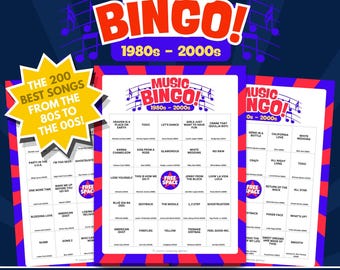 1980s-2000s Music Bingo Party Game | 100 Cards, Playlists (Digital Download)