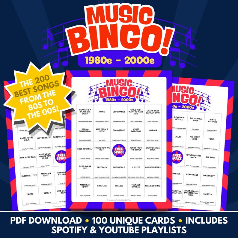 Music Bingo - 1980s-2000s Edition - PDF Download - 100 Unique Cards - Includes Spotify & Youtube Playlists