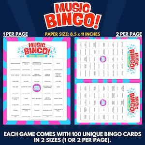 Each Game Comes With 100 Unique Bingo Cards in 2 Sizes (1 or 2 per Page).