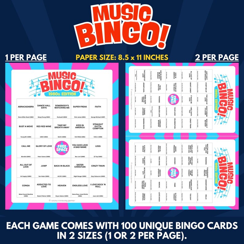 Each Game Comes With 100 Unique Bingo Cards in 2 Sizes (1 or 2 per Page).