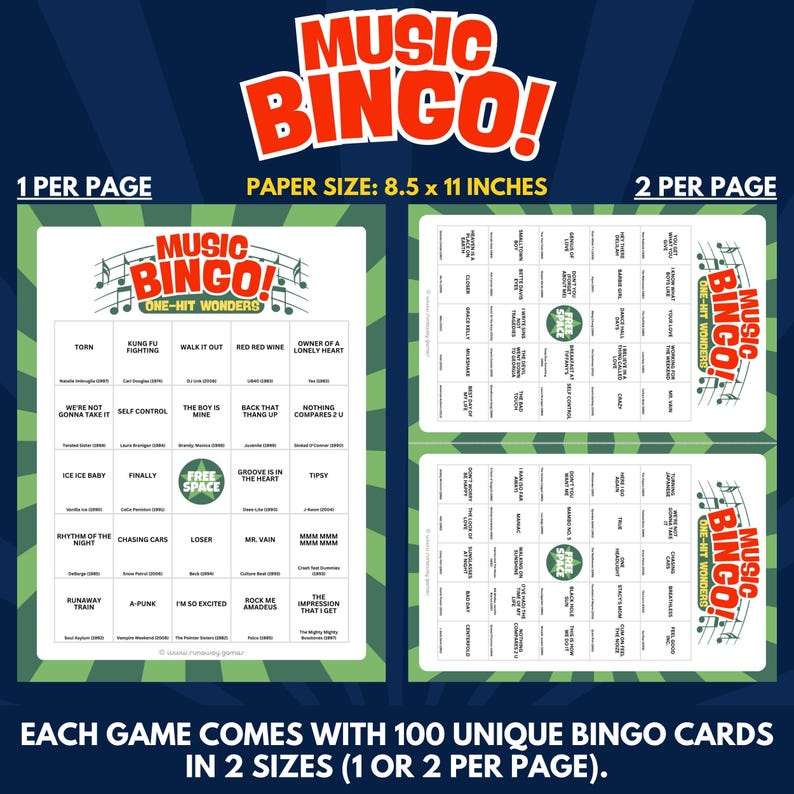 Each Game Comes With 100 Unique Bingo Cards in 2 Sizes (1 or 2 per Page).