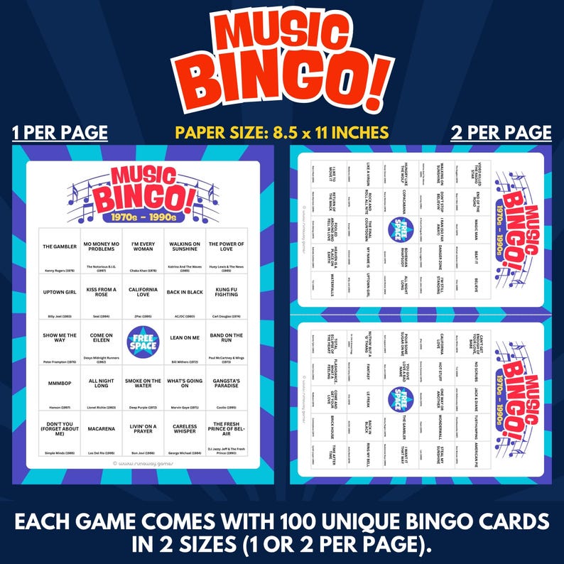 Each Game Comes With 100 Unique Bingo Cards in 2 Sizes (1 or 2 per Page).
