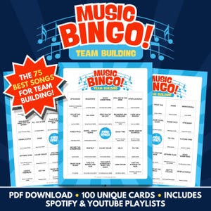 Music Bingo - Team Building Edition - PDF Download - 100 Unique Cards - Includes Spotify & Youtube Playlists