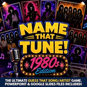 May include: A digital game graphic titled NAME THAT TUNE! 1980s Edition featuring a silver vintage microphone, a boombox, and multiple framed silhouettes of musicians with question marks on their faces against a dark purple neon background.