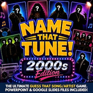 May include: A Name That Tune! 2000s Edition game graphic featuring bold yellow text, silhouettes of people with question marks on their faces, a vintage boombox, a silver microphone, and neon blue accents on a dark background.