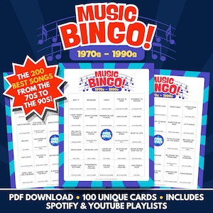 Music Bingo - 1970s-1990s Edition - PDF Download - 100 Unique Cards - Includes Spotify & Youtube Playlists