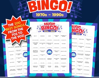 1970s-1990s Music Bingo (Printable) | Digital Download | 100 Cards + Calling Cards + Spotify & YouTube Playlists | Bingo Party Game