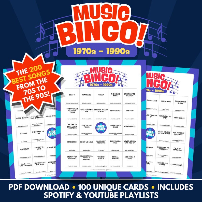 Music Bingo - 1970s-1990s Edition - PDF Download - 100 Unique Cards - Includes Spotify & Youtube Playlists