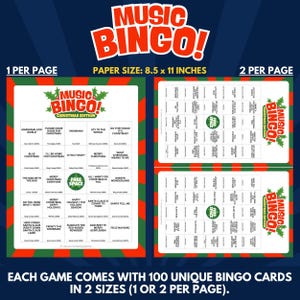 Music Bingo - Christmas Edition - Each Game Comes With 100 Unique Bingo Cards in 2 Sizes (1 or 2 per Page).