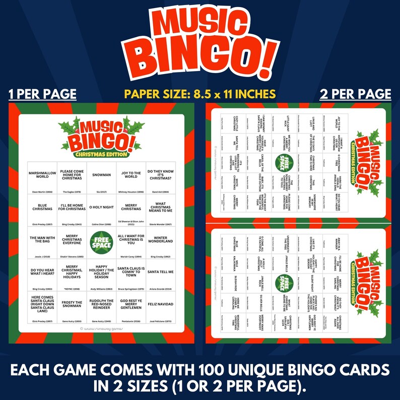 Music Bingo - Christmas Edition - Each Game Comes With 100 Unique Bingo Cards in 2 Sizes (1 or 2 per Page).