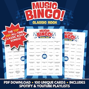 Music Bingo - Classic Rock Edition - PDF Download - 100 Unique Cards - Includes Spotify & Youtube Playlists