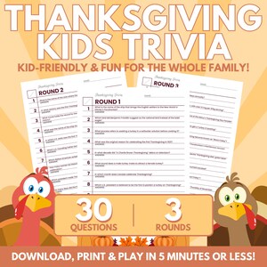 Thanksgiving Trivia for KIDS | Classroom Game | Family Fun | Dinner Table Game | Printable | Instant Download