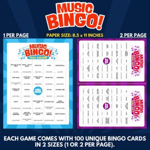 Each game comes with 100 Unique bingo cards in 2 sizes (1 or 2 per page)