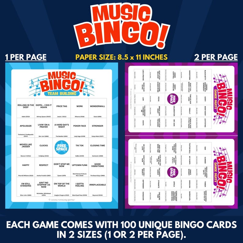 Each game comes with 100 Unique bingo cards in 2 sizes (1 or 2 per page)