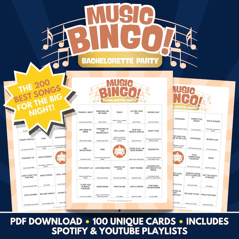 Music Bingo - Bachelorette Party Edition - PDF Download - 100 Unique Cards - Includes Spotify & Youtube Playlists
