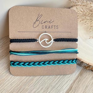 Sea Wave Charm Bracelet Set, Green, Turquoise & Black Waxed Waterproof Cord