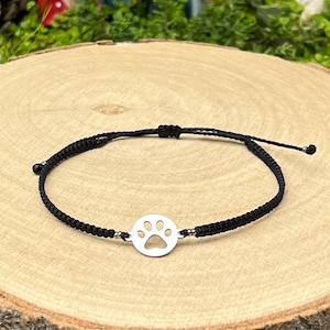 Thin Black Bracelet with Sweet Paw Charm, Minimalist Bracelet, Pet Lover Gift, Square Knot Macrame Bracelet, Real Handmade in Wales