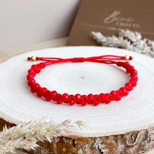 Red Bracelet with Glass Faceted Beads, Adjustable Handmade Macrame Armband