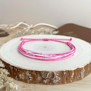 Bracelet in Sweet Pink Colors and White With Silver Lined Beads-Handmade Waxed Cord Braided Bracelet-Surf Bracelet-Made in Wales
