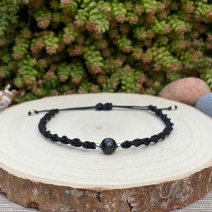 Black Braided Bracelet With Black Cats Eye Gemstone-Waxed Cord Bracelet-Natural Stone Bracelet-Macrame Bracelet-Made in Wales