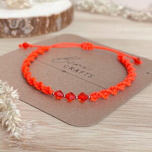 Neon Orange Bracelet With Crystal Bicone Beads, Handmade Spiral Macrame Knot, Waxed Cord