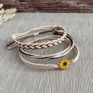 Sunflower Charm Stacking Bracelet Set - Beige, Brown & Yellow Waxed Waterproof Cord