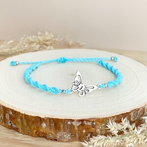 Blue Bracelet with Butterfly Charm, Adjustable & Waterproof, Spiral Macrame Design
