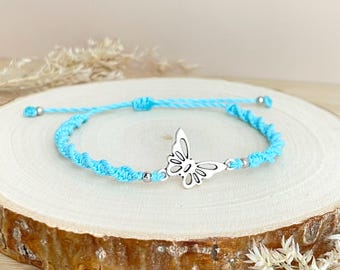 Blue Bracelet with Butterfly Charm, Adjustable & Waterproof, Spiral Macrame Design