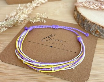 Handmade Braided Seed Bead Friendship Bracelet, Purple White Yellow Cord, Adjustable Surf Style