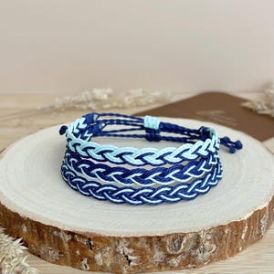 Navy and Light Blue Braided Bracelet or Anklet, Adjustable and Waterproof Waxed Cord