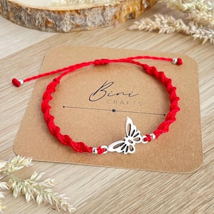 Red Spiral Bracelet with Butterfly Charm, Waterproof Waxed Cord, Macrame Braid