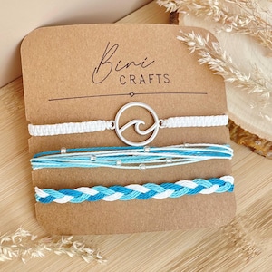 Set of 3 Bracelets in Blue and White with Sea Wave Charm, Beach Accessories, Waxed Waterproof Cord