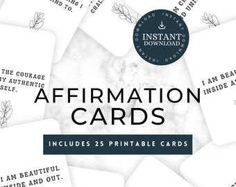Puede incluir: Cartas de afirmación imprimibles con un fondo de mármol. Las cartas presentan afirmaciones positivas como "El coraje de mi yo auténtico" y "Soy hermosa por dentro y por fuera".