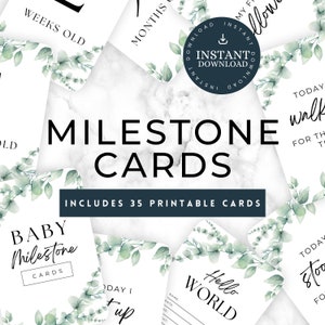 Cartes jalons eucalyptus bébé, lot de 35 | Téléchargement imprimable, nouvelles cartes d'étape de bébé, cartes d'image, cartes d'étape de verdure unisexes