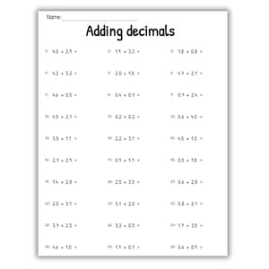 Puede incluir: Una hoja de trabajo blanca con el título "Adding decimals" en negrita negra. La hoja de trabajo contiene 30 problemas de suma con decimales, dispuestos en filas y columnas. La parte superior de la hoja de trabajo tiene una línea para el nombre del estudiante.