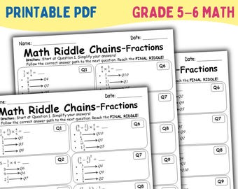 Fractions Math Riddle Chains Activity | Add Subtract Multiply Divide Fractions Puzzle | 5th 6th Grade Math Centers Worksheet PDF