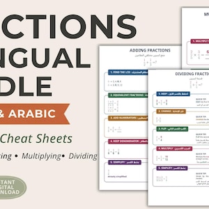 May include: A bilingual fractions bundle featuring four printable cheat sheets in English and Arabic. The text includes Fractions Bilingual Bundle, English & Arabic, 4 Printable Cheat Sheets, Adding, Subtracting, Multiplying, Dividing.