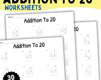 Addition to 20 Worksheets Printable, First Grade Math Practice, Adding Numbers 1-20, Math Facts PDF