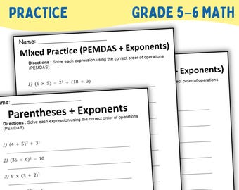 Order of Operations with Exponents Worksheets PDF, 6th Grade Math PEMDAS Practice, 10 Pages + Answer Key, Printable