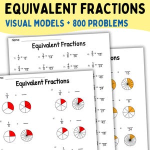 Puede incluir: Hojas de trabajo blancas con el título "Equivalent Fractions" y el texto "Visual Models + 800 Problems". Las hojas de trabajo presentan problemas de fracciones y modelos visuales, incluyendo gráficos circulares.