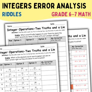 以下が含まれることがあります： 小学6年生から7年生向けの算数ワークシートで、整数の計算に焦点を当てています。ワークシートには、数学的な誤りを見つけて修正するためのなぞなぞと演習が含まれています。タイトルは「Integers Error Analysis」です。