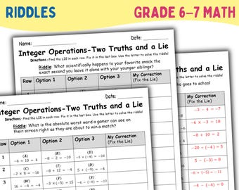 Integers Operations Error Analysis & Riddles Activity | Add Subtract Multiply Divide Positive Negative Numbers | 6th 7th Grade Math PDF