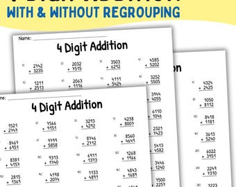4 Digit Addition Worksheets PDF, 3rd-5th Grade  With & Without Regrouping, Math Practice, Instant Download PDF