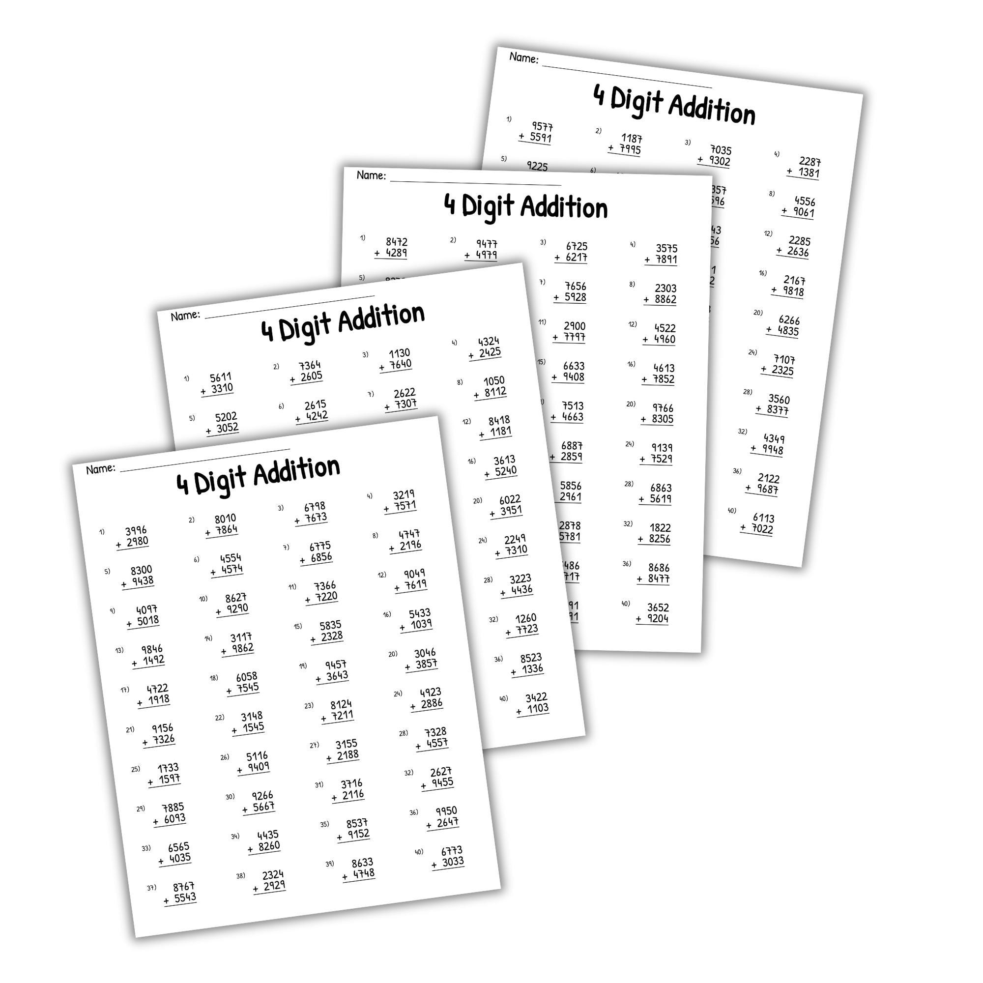 4 Digit Addition Worksheets PDF, 3rd-5th Grade With & Without ...